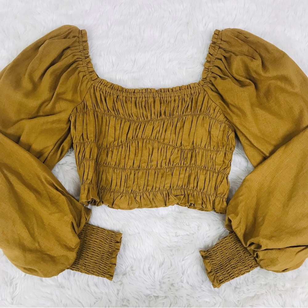A LOVES A Cropped Peasant Top Mustard Brown Smocked Long Sleeve Linen Size XS